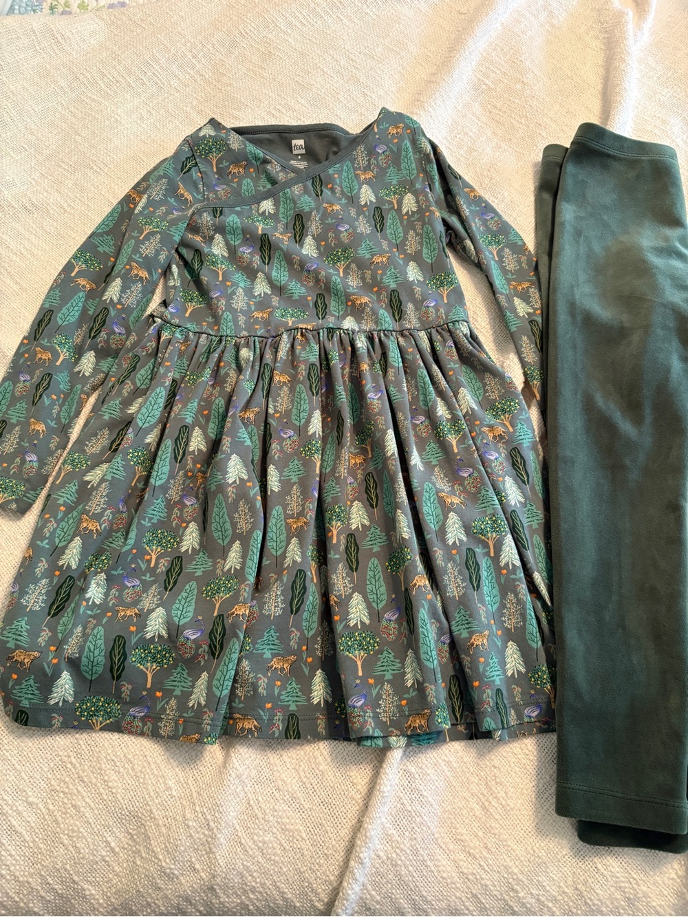 Tea Collection Kids Forest Print Long Sleeve Dress and Leggings - Green size 6
